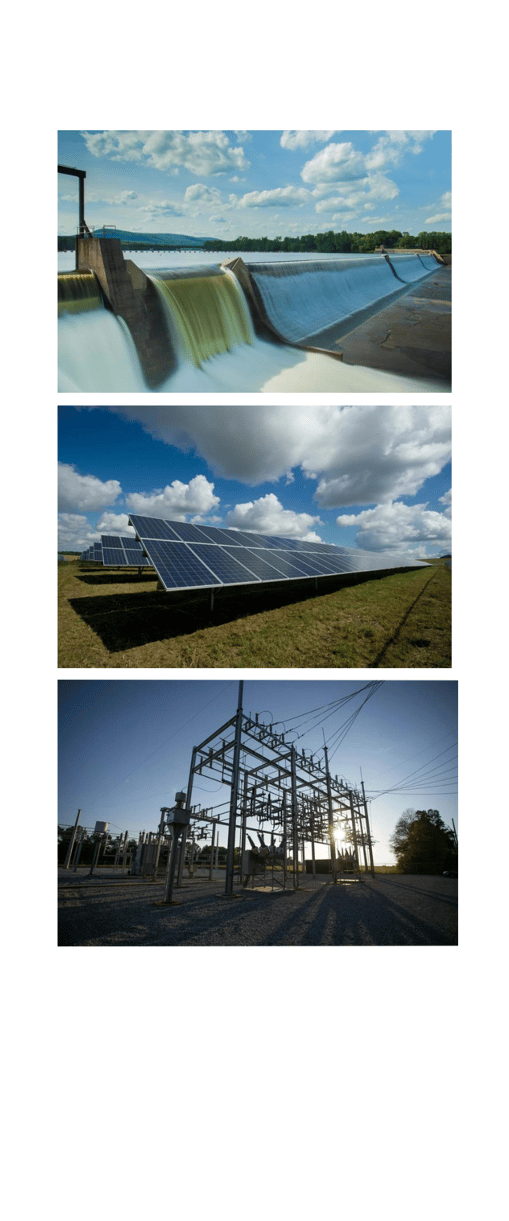 Barragem hidrelétrica, conjunto de painéis solares e subestação elétrica